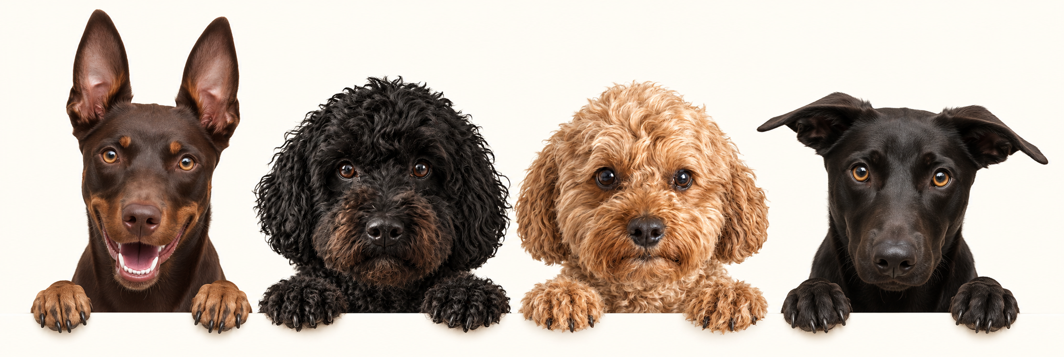 Our four dogs peeking over the bottom of the page, with their paws and little claws resting on the edge